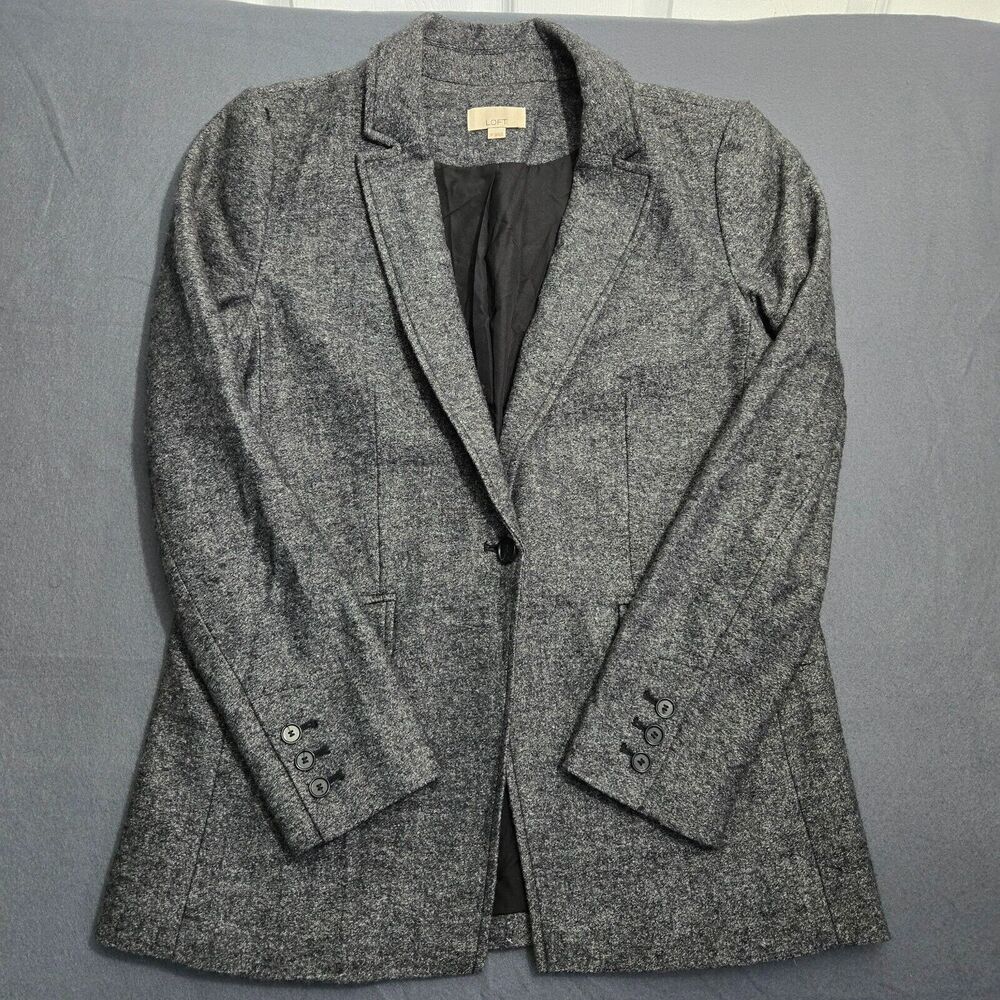 LOFT Blazer Women 10 Grey Collared One Button Pockets Wool Blend
